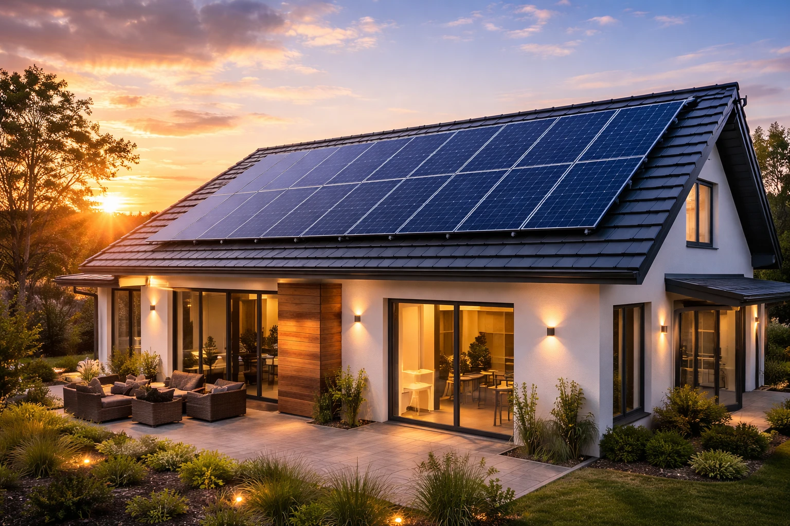 Maison contemporaine avec panneaux photovoltaïques sur la toiture