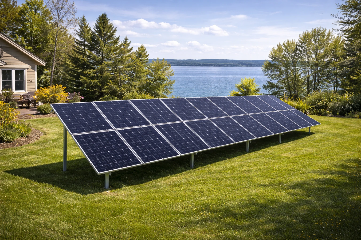 Panneaux solaires installés au sol dans un jardin au bord d’un lac
